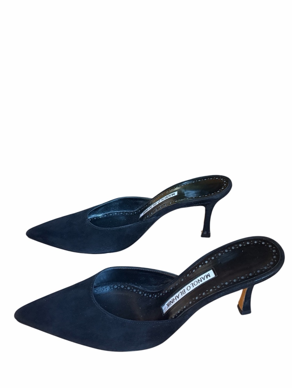 Manolo Blahnik Y2K vintage Black Suede Pointed-Toe Kitten Heel Mules